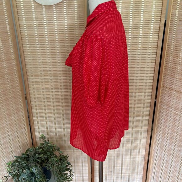 Vintage Red Polka Dot Button-Up Blouse With Ruffle Tie Neck & Puff Sleeves - Picture 5 of 10